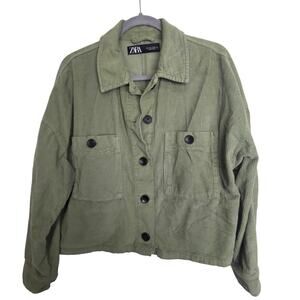 Zara Jacket Green Corderoy Button Front Long Sleeve Crop Shirt Shacket Women L